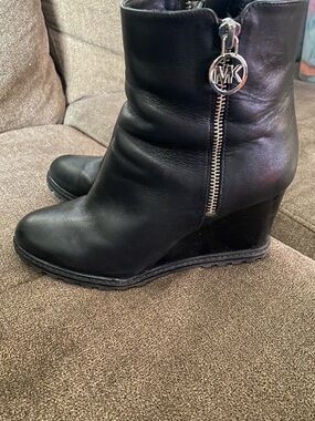 Michael Kors Black Leather Wedge Ankle Boots with MK Zip Charm